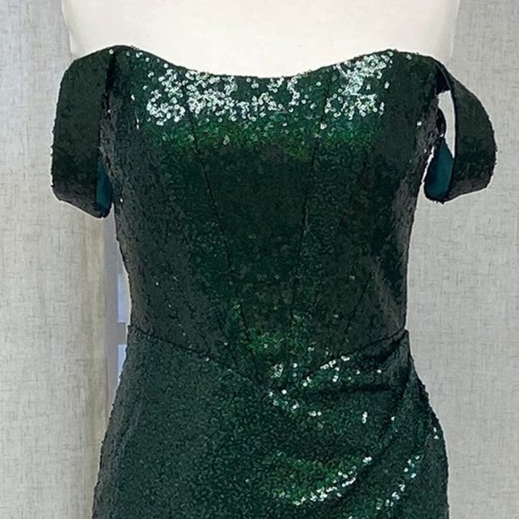 NEW LONG OFF THE SHOULDER EMBROIDERED SEQUIN DRESS WITH ZIPPER BACK NX R1203 - Picture 5 of 9